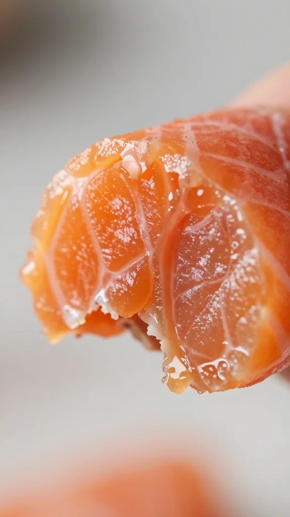 Macro shot of flaky salmon interior after a bite