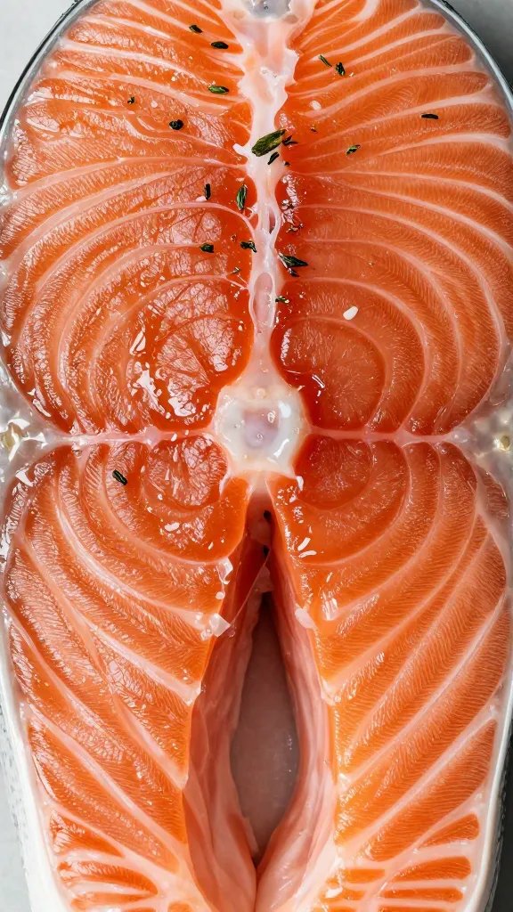 Top-down closeup of herb crust texture on salmon surface
