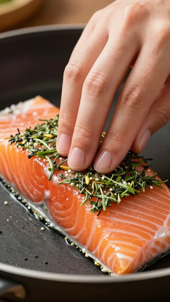 Closeup of patting herb crust onto salmon before cooking