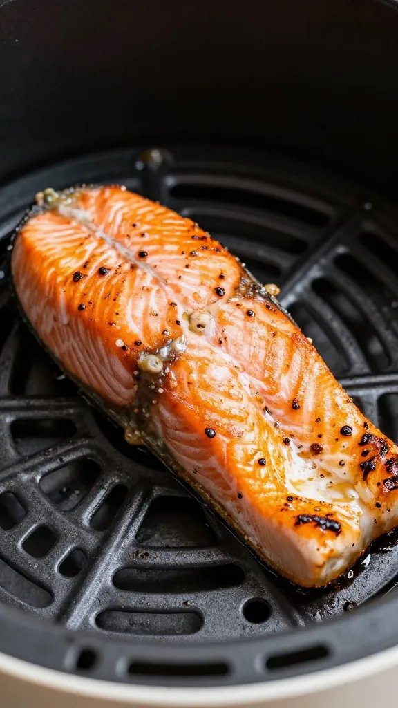 Closeup of sizzling salmon crust in air fryer with basket edge