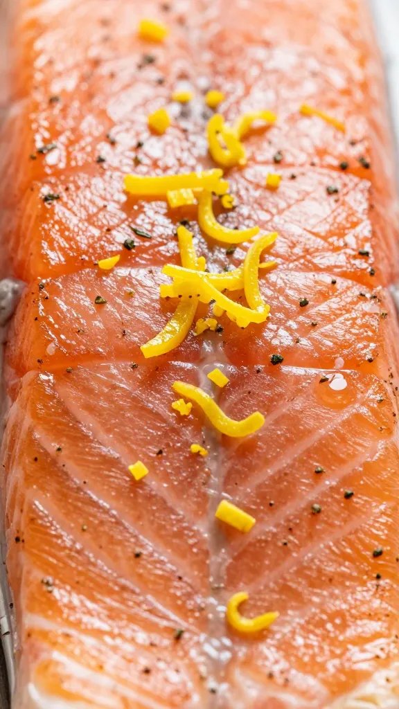 Closeup of lemon zest and herb flecks on crusted salmon