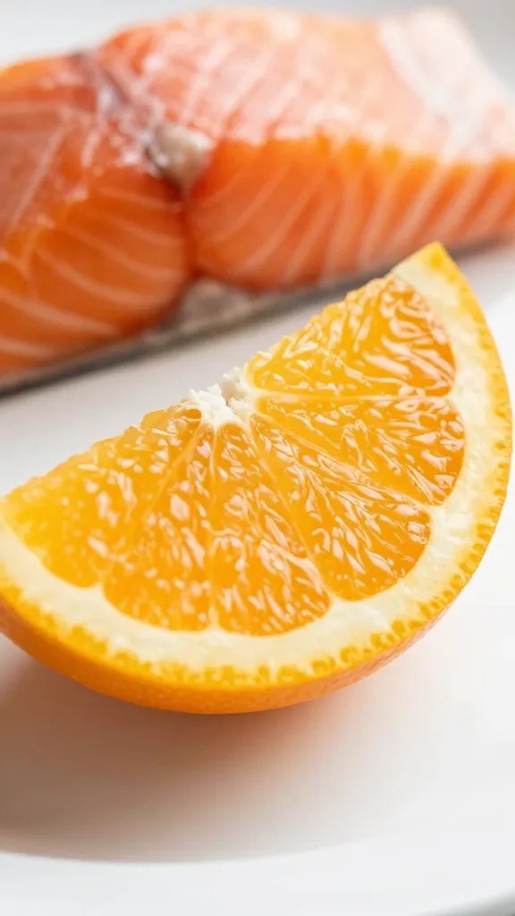 Closeup of juiced citrus wedge beside salmon plate