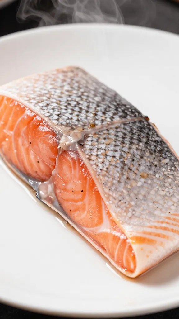 Closeup of salmon crust with steam rising, plain white plate