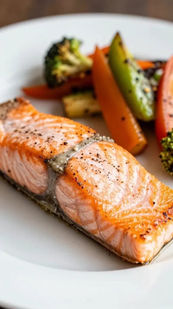 Closeup of plated salmon with roasted vegetables blurred in background