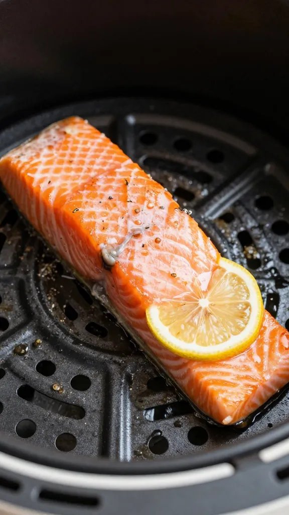 closeup of lemon-dill salmon fillet sizzling in air fryer basket
