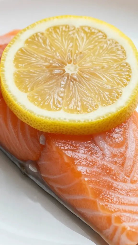 closeup of glossy lemon slice on plated salmon fillet