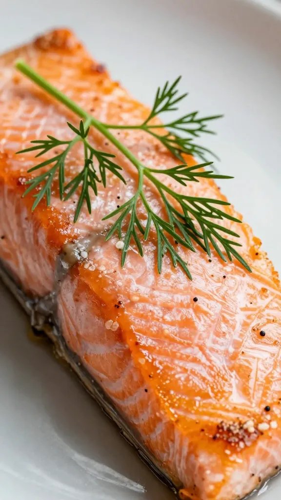 closeup of dill sprig resting atop lemon-glazed salmon