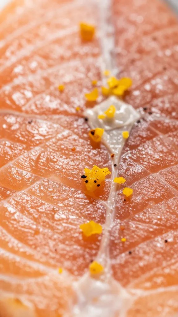 macro shot of flaky salmon texture with citrus zest