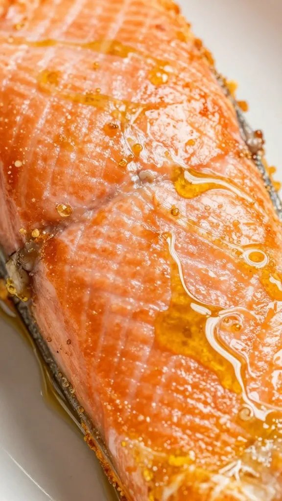 closeup of olive oil sheen on air-fried salmon surface