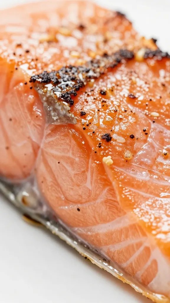 closeup of crisp salmon edge with browned crust