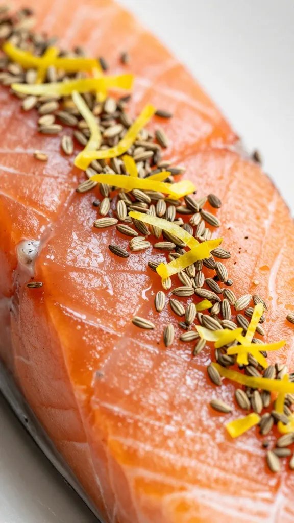 macro of dill seeds and lemon zest over salmon