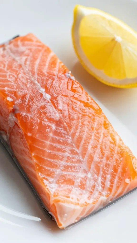 closeup of plate with salmon and a single lemon wedge