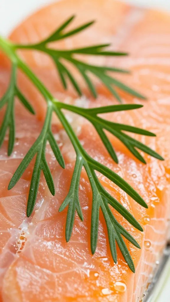 macro of vibrant dill fronds against plated salmon backdrop
