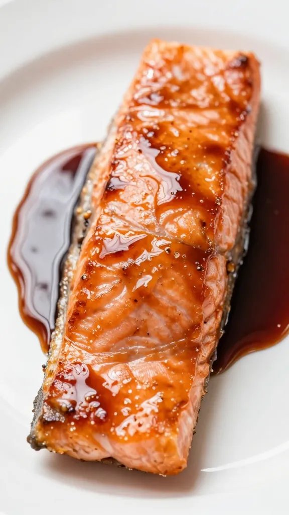 closeup of glossy hoisin-glazed salmon fillet on white plate