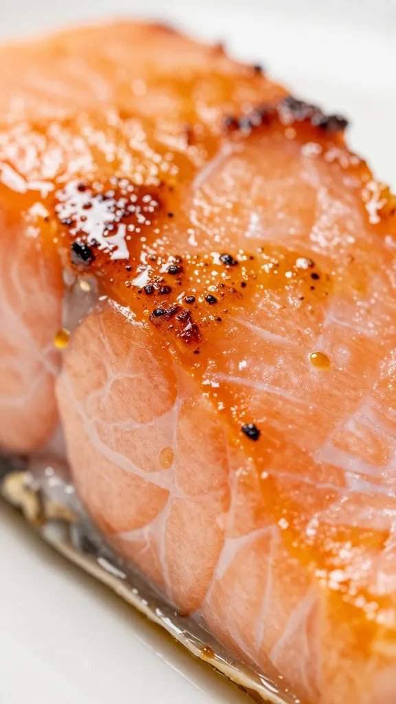 macro shot of flaky salmon with caramelized crust under glossy glaze