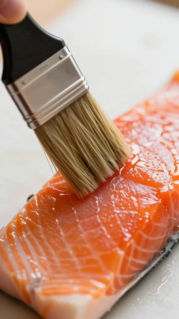 closeup of brush applying glaze to salmon surface mid-cook