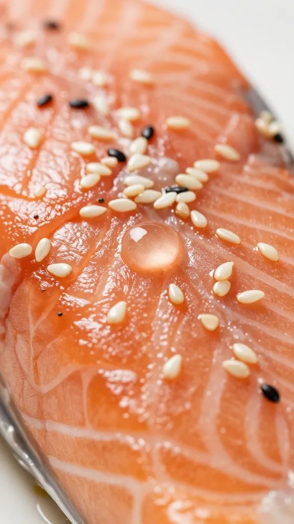 closeup of sesame whisked glaze droplets on salmon