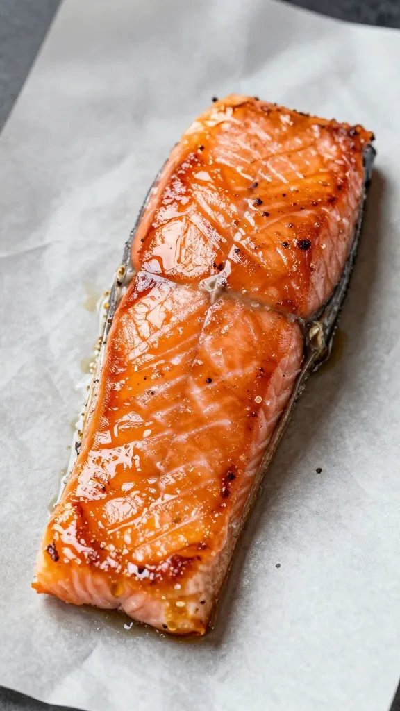 shot of glazed salmon resting on parchment, glossy finish