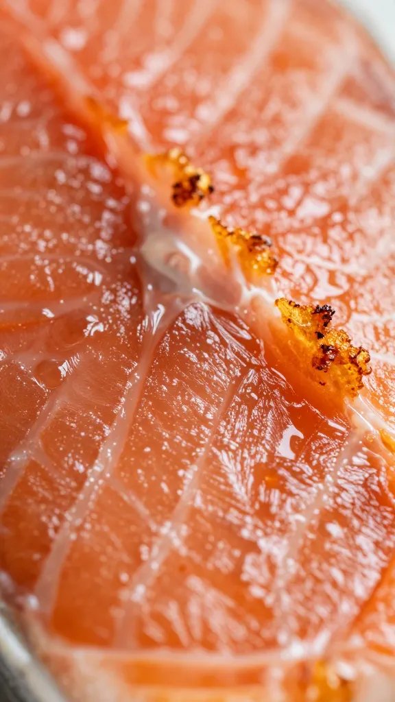 extreme closeup of salmon texture with crispy edges and glaze