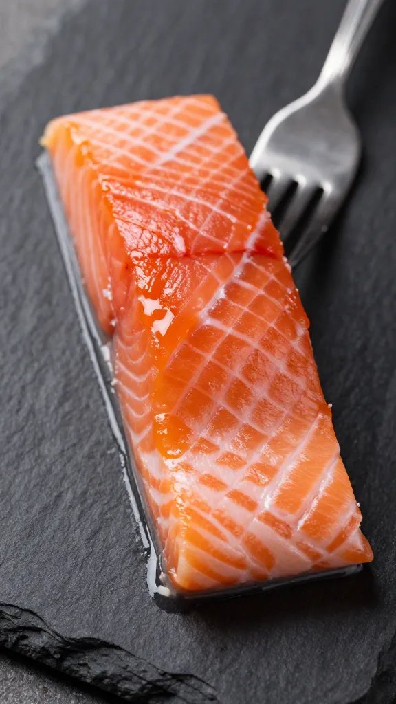 closeup of fork-torked glaze on salmon on dark slate plate