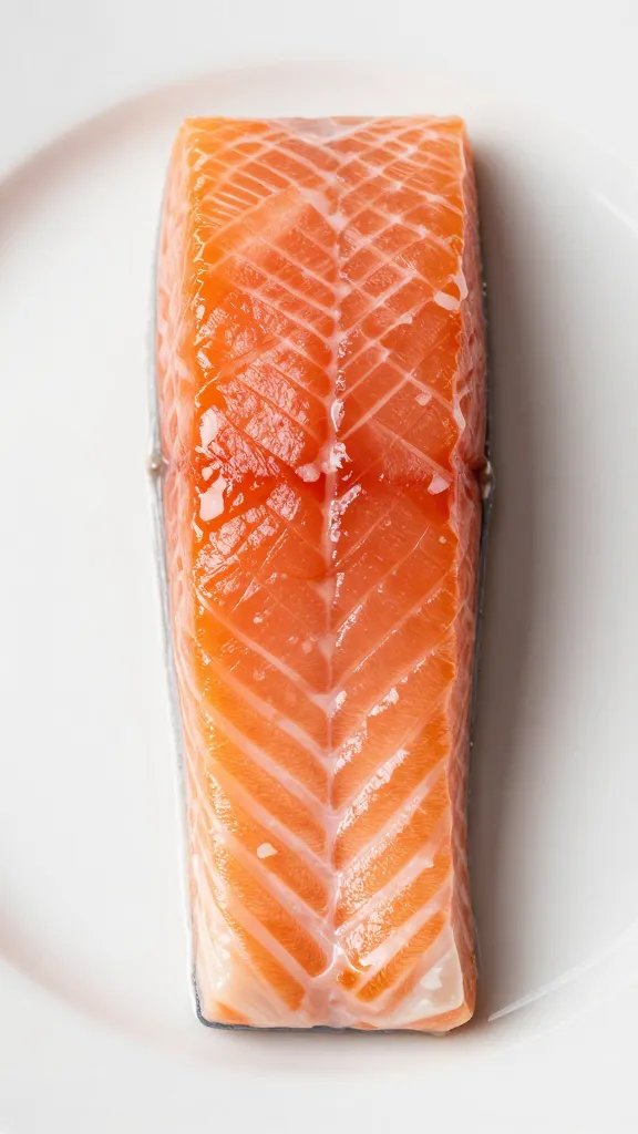 top-down closeup of single salmon fillet plated simply, glossy glaze