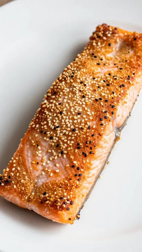 closeup of sesame-crusted salmon fillet on white plate