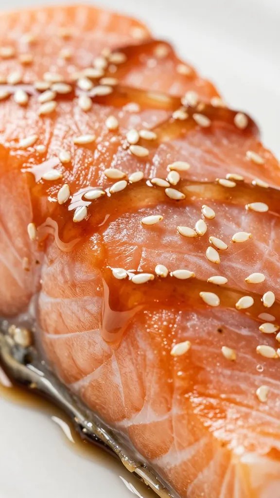 macro shot of glossy sesame glaze drizzle on salmon