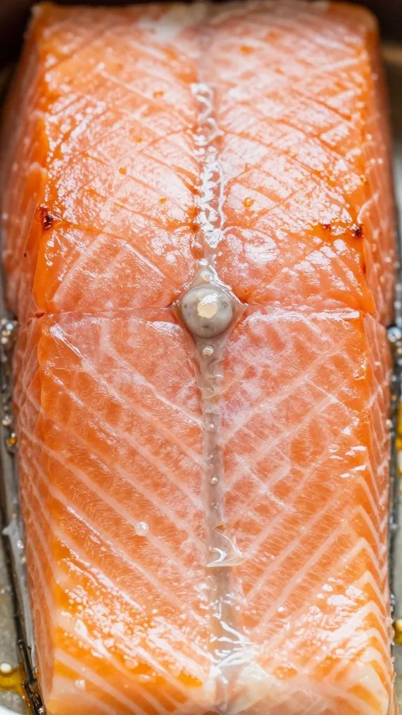 closeup of flaky salmon texture after air frying