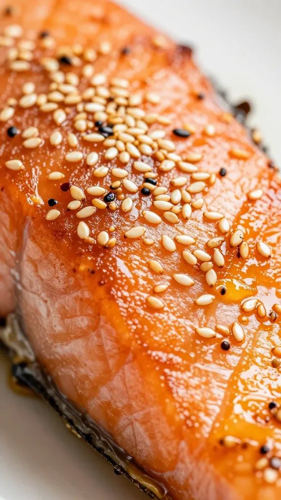profile macro of caramelized salmon surface with sesame seeds