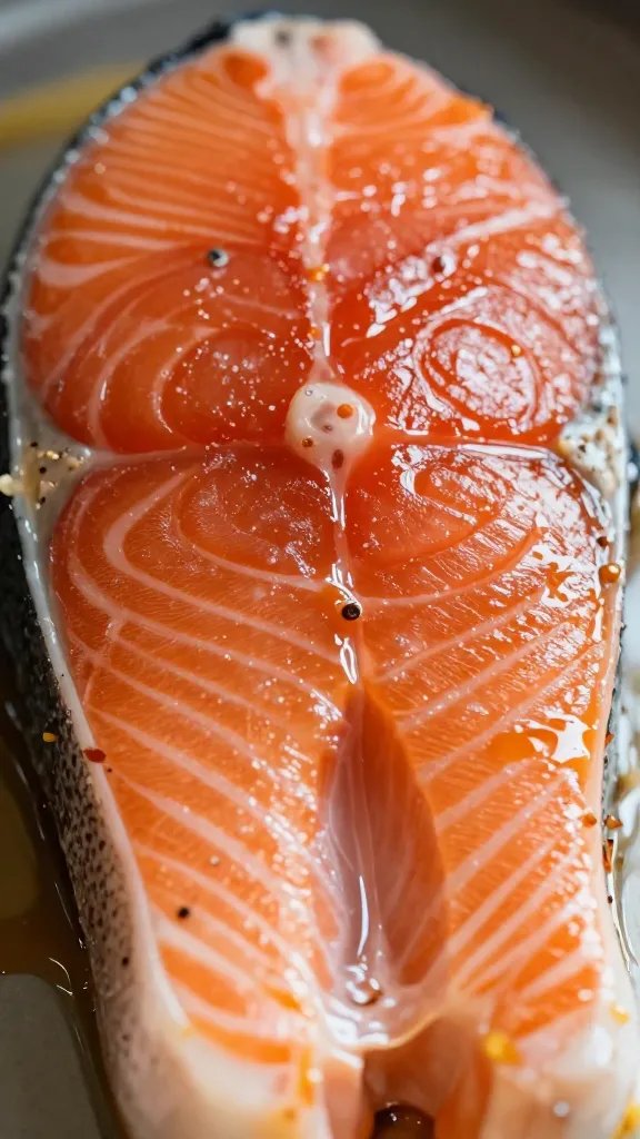 closeup of post-marination glaze coating salmon