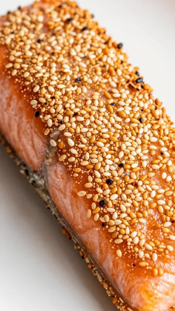 high-detail shot of crisp sesame crust on salmon