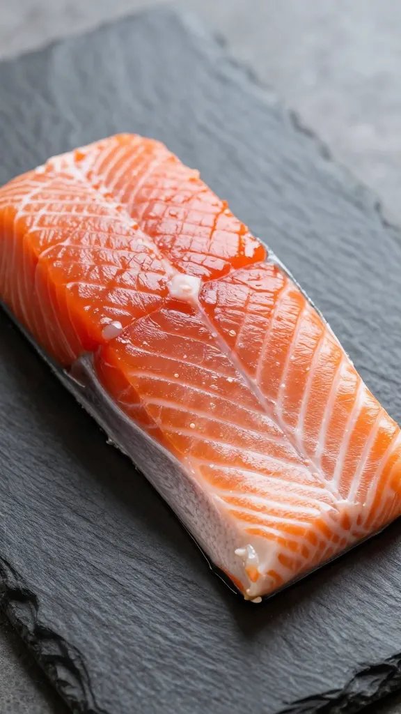 closeup of single salmon fillet on dark slate board