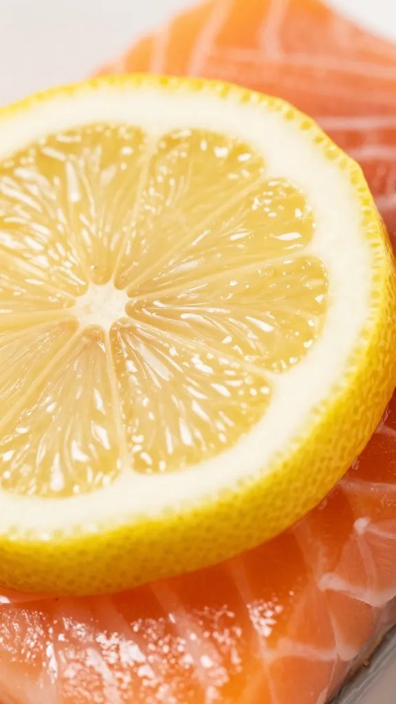 macro of juiced lemon wedge beside salmon slice