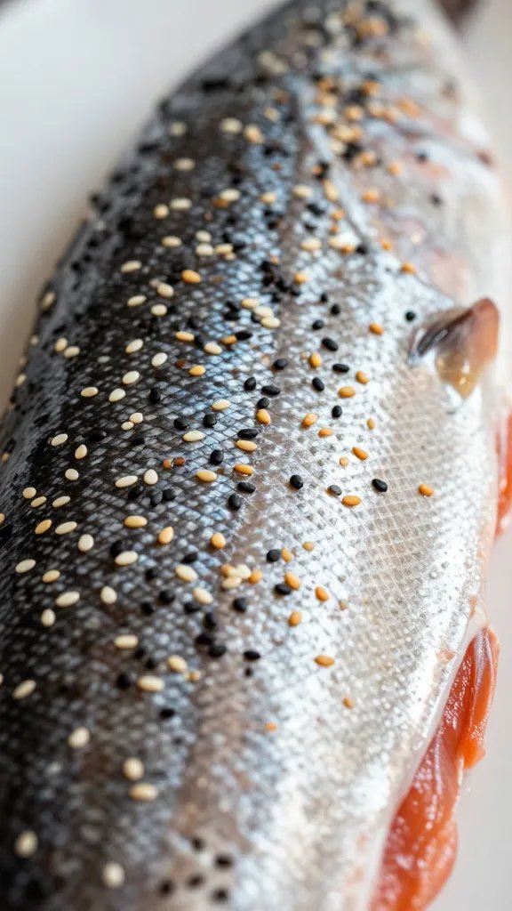 focused shot of sesame seeds clinging to salmon skin