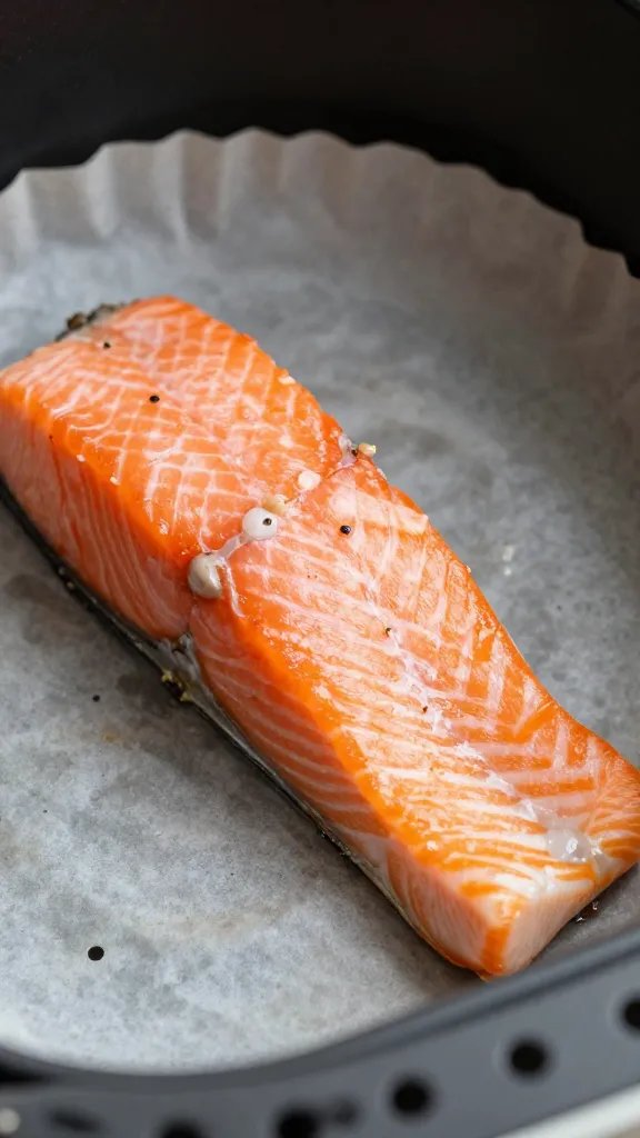 closeup of air fryer parchment with salmon resting on edge