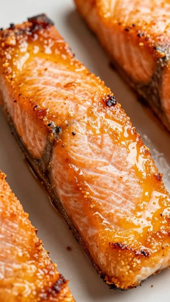 Closeup of glazed air-fried salmon fillet with crisp edges