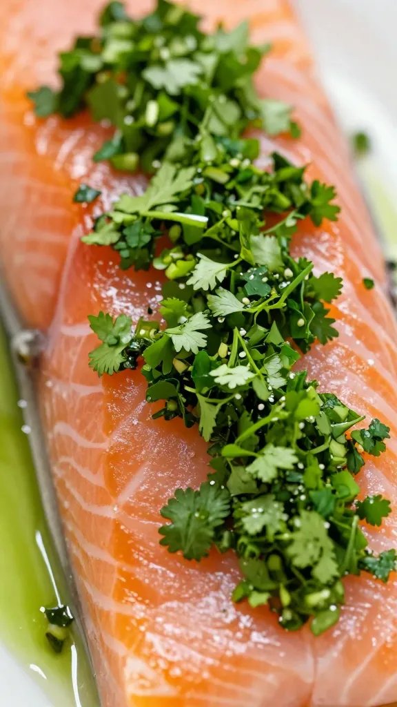 Closeup of bright chimichurri parsley and cilantro on salmon