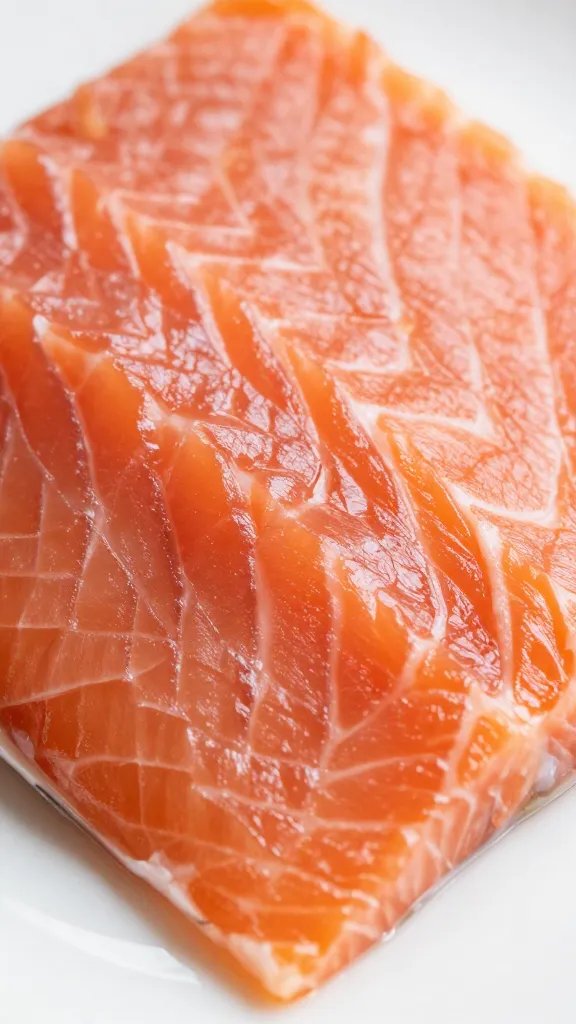 Closeup of flaky salmon texture on white plate