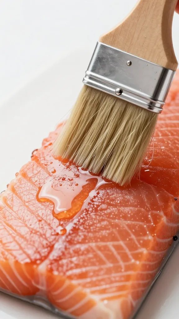 Closeup of a brush applying light oil to salmon surface