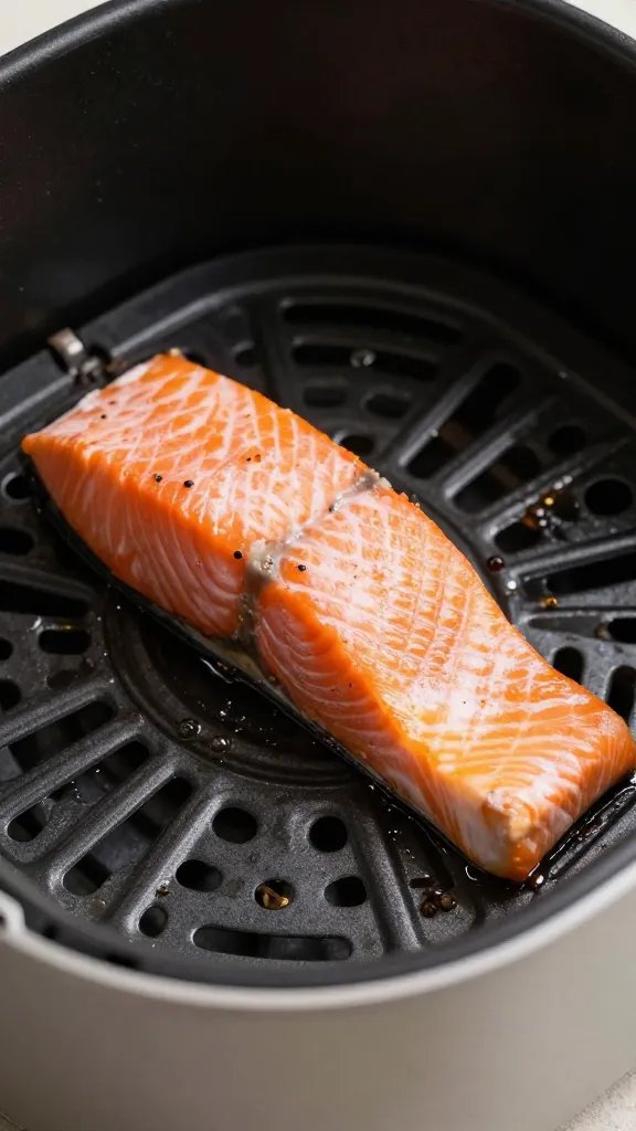 Closeup of sizzling air fryer basket with salmon fragment