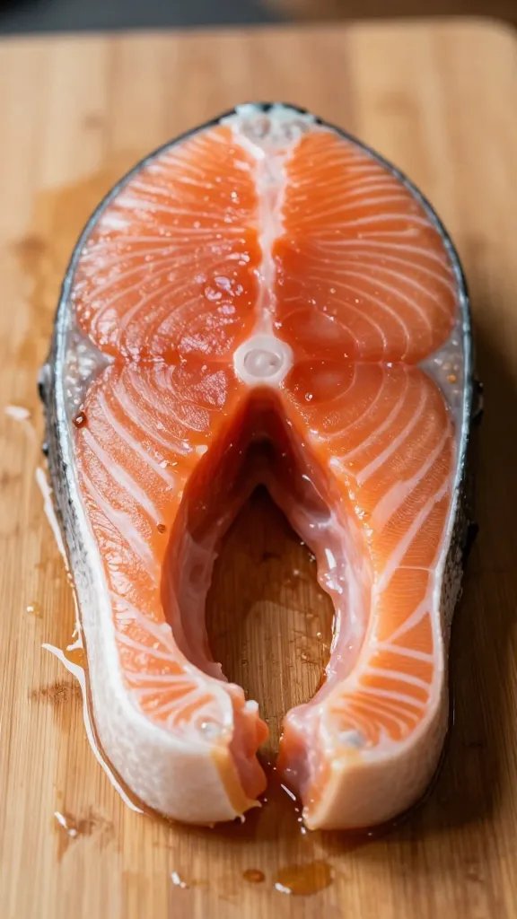 Closeup of single salmon fillet on wooden board