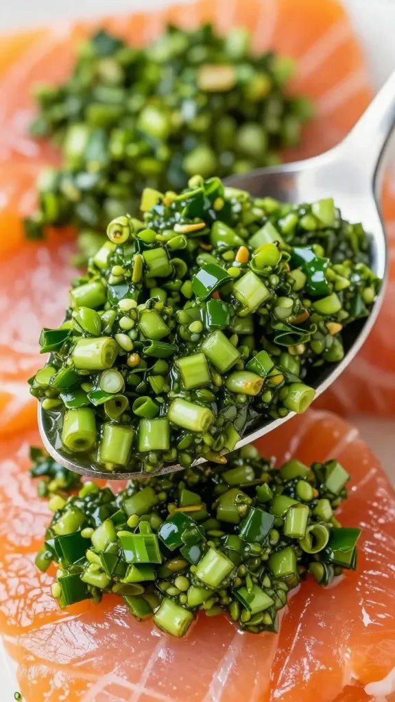 Closeup of vibrant green chimichurri spoonful atop salmon
