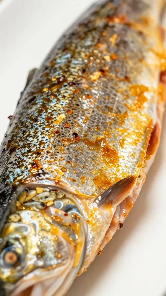 Closeup of salmon skin crisping with golden color