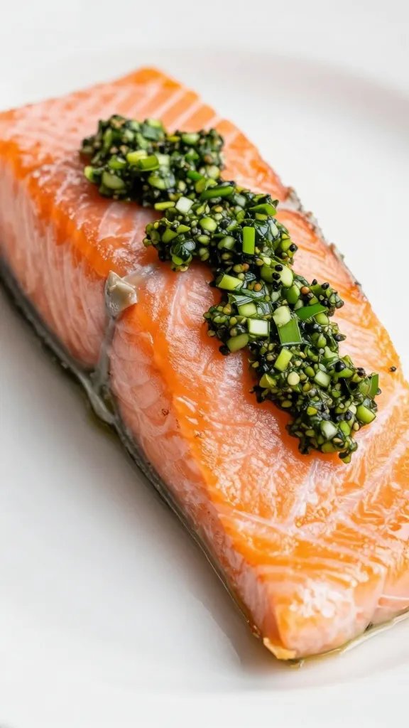 Closeup of plated salmon and a small dash of chimichurri