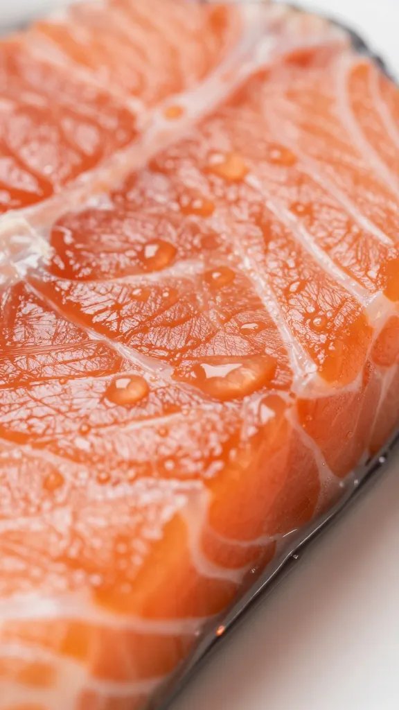 Closeup of glossy salmon juice droplets on plate edge