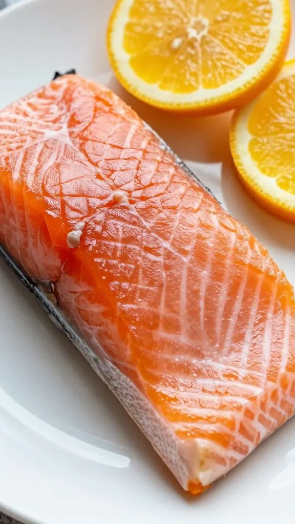 closeup of flaky salmon under bright citrus light on plate