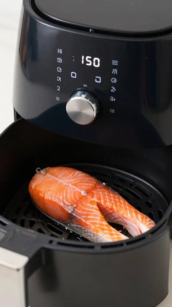 closeup of air fryer preheating indicator with salmon in basket