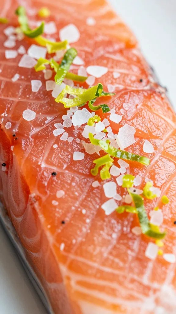 closeup of salt flakes and lime zest atop salmon