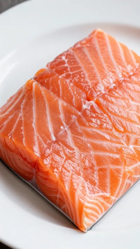 closeup of juicy salmon presentation on white porcelain plate