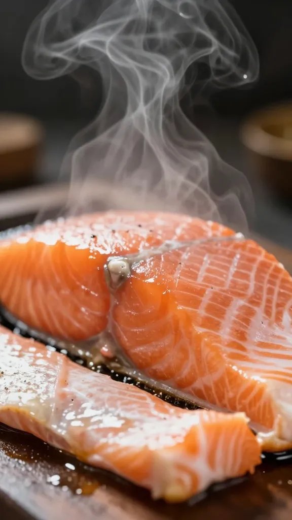 closeup of steam rising from freshly cooked salmon fillet